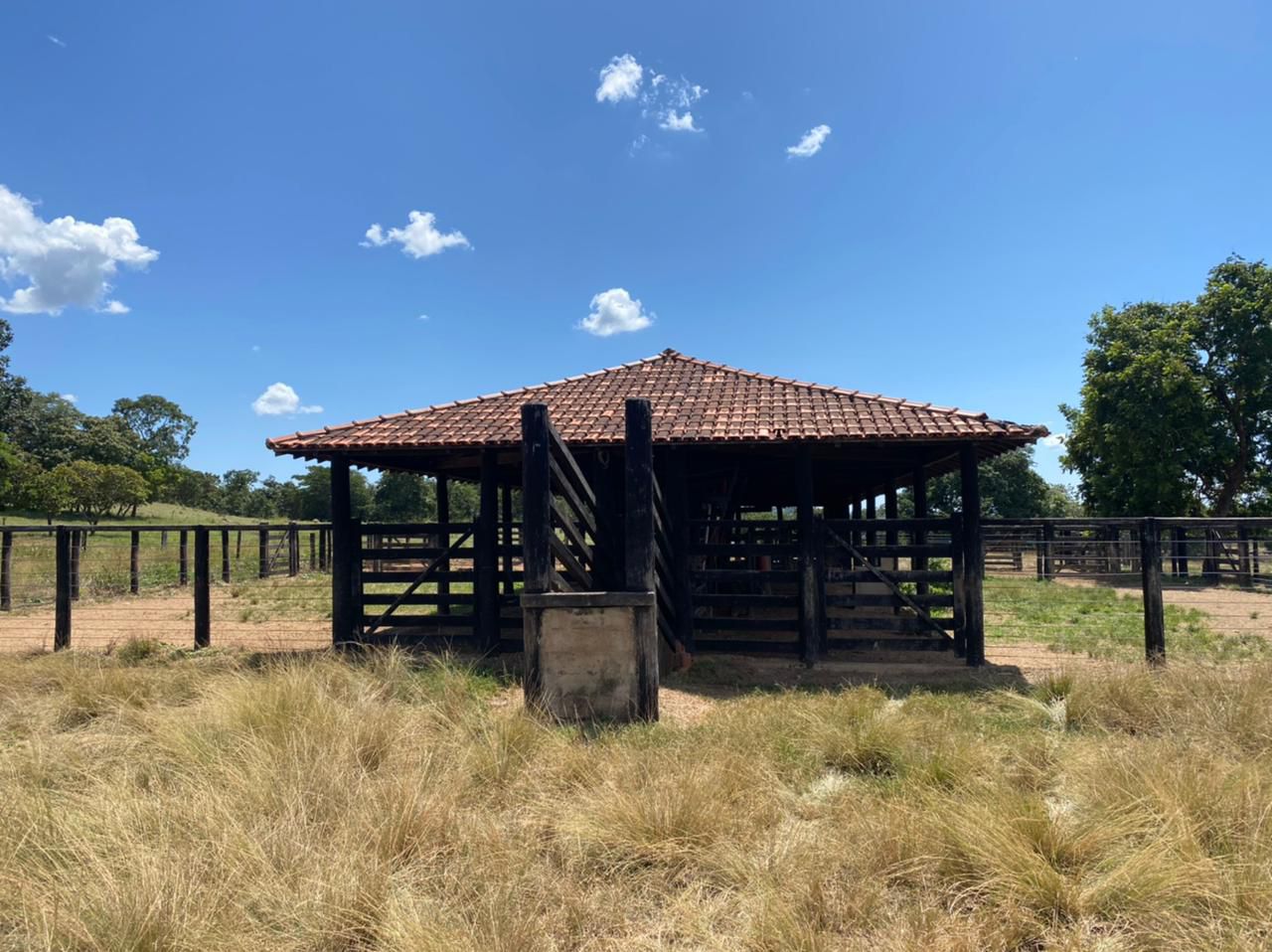 Mangueira redonda coberta com telhado de barro para manejo de gado